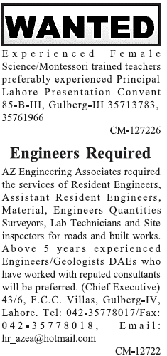 Misc. Jobs in Lahore Jang Classified 1