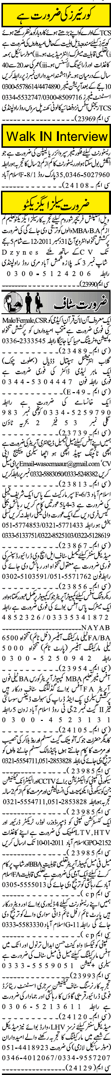Misc. Jobs in Rawalpindi Jang Classified