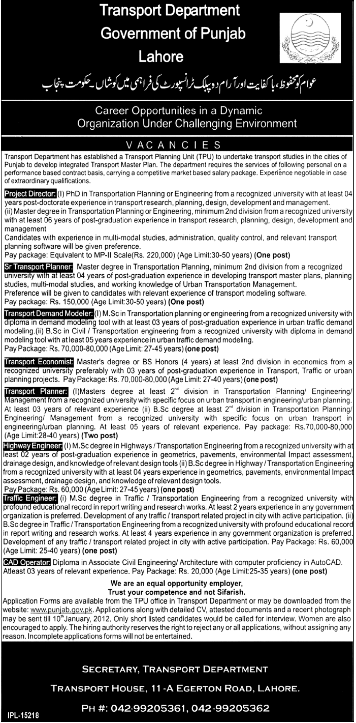 Transport Department, Government of the Punjab, Lahore Jobs Opportunity