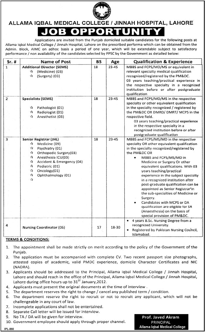 Allama Iqbal Medical College/Jinnah Hospital, Lahore Jobs Opportunity
