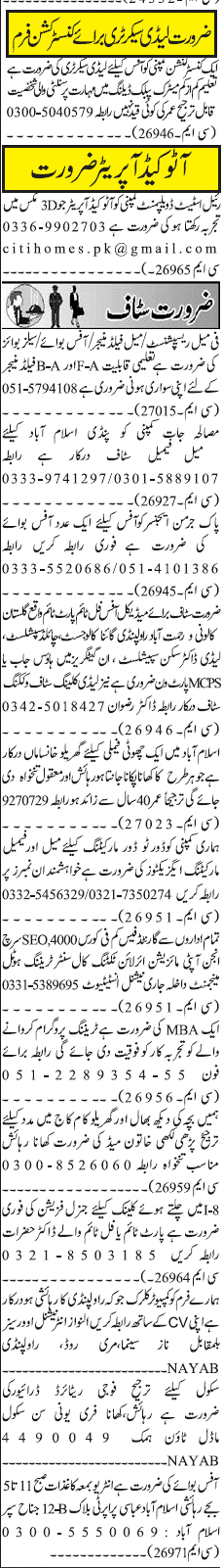 Misc. Jobs in Rawalpindi Jang Classified