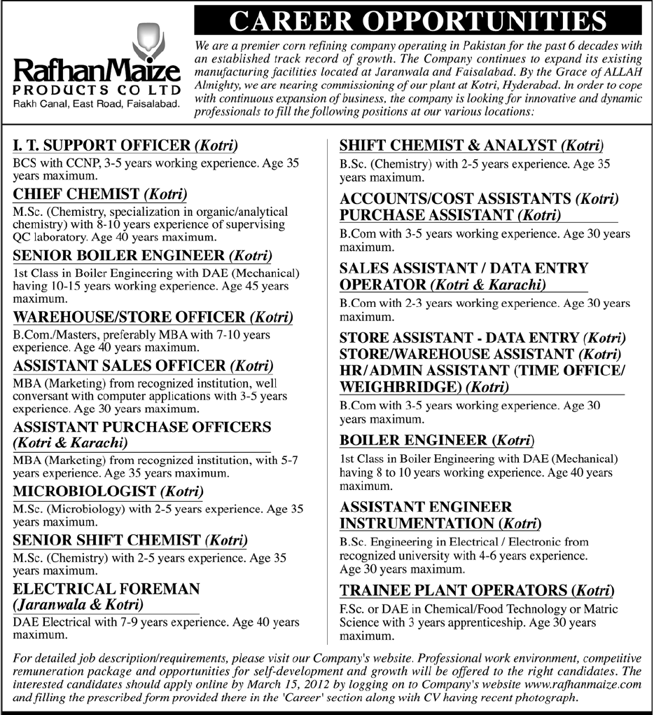 Rafhan Maize Products Company Ltd. Required Staff
