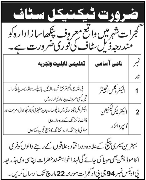 Technical Staff Required by a Fan Manufacturing Company in Gujrat