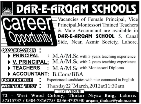 Dar-e-Arqam Schools Jobs