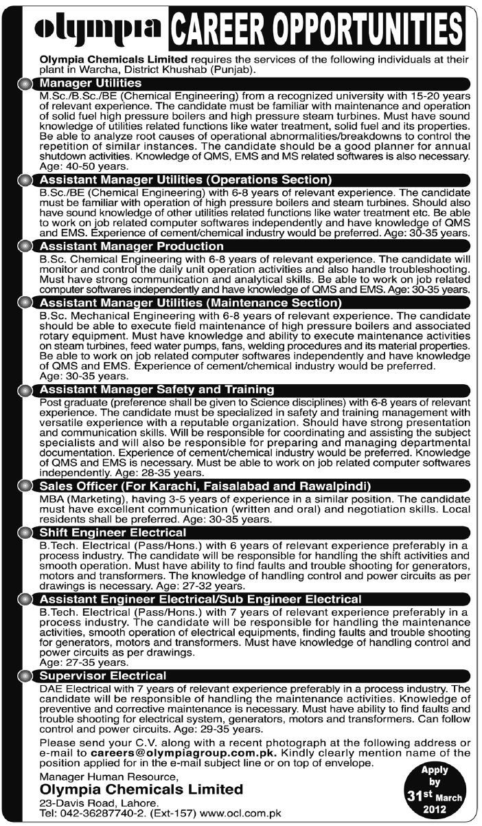 Olympia Chemicals Limited Jobs