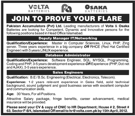 Pakistan Accumulators Pvt Ltd. Requires Staff