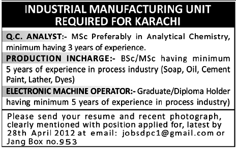 Industrial Manufacturing Unit Requires Staff