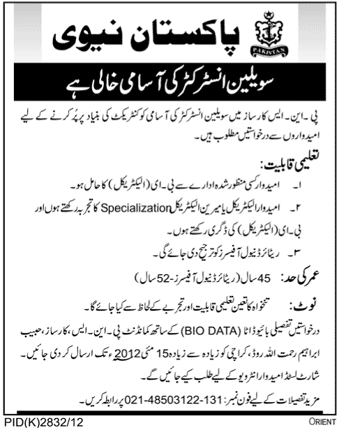 Civilian Instructor Job in Pak Navy (Govt. Job)