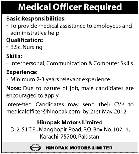 Medical Officers required at Hinopak Motors