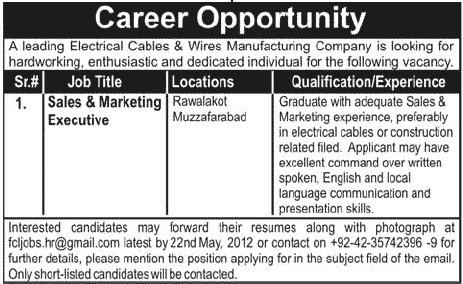 Marketing Executive Required by Electrical Cables & Wires Manufacturing Company