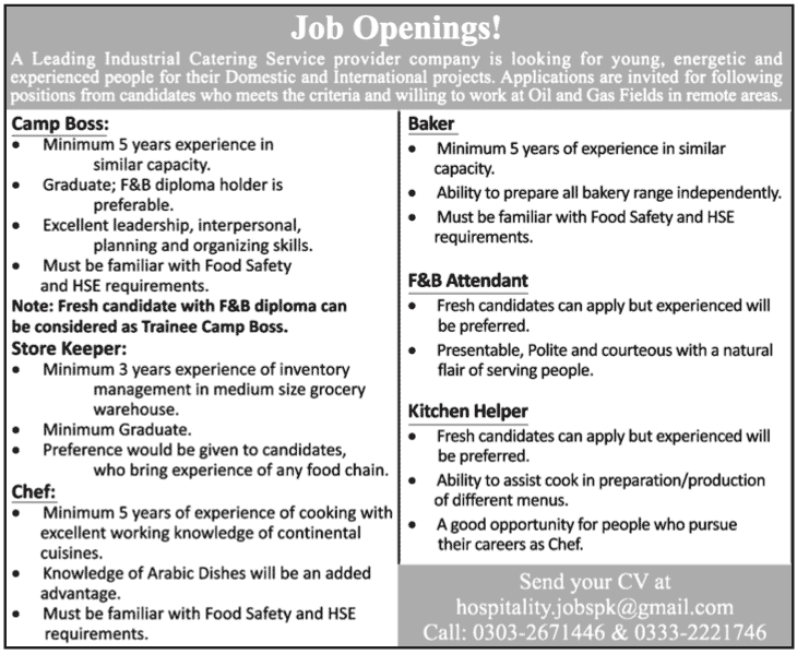 Catering Staff Required at Industrial Catering Service Provider Company