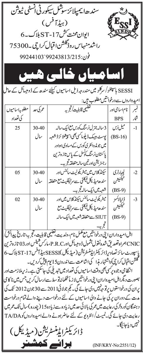 Medical Staff Required at Sindh Employees' Social Security Institution (Head Office)