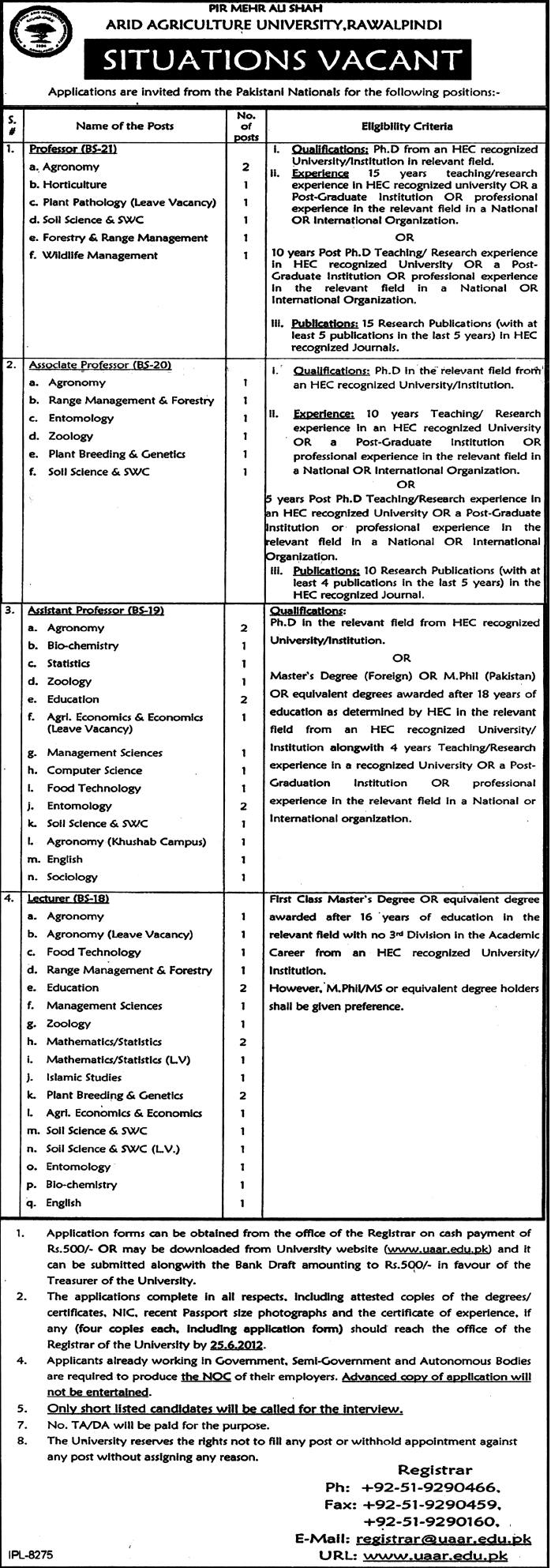 Teaching Faculty Required at Pir Mehr Ali Shah Arid Agricultural University (PMAS-UAAR)