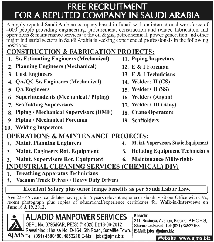 Construction, Maintenance and Technicians Required for a Reputed Company
