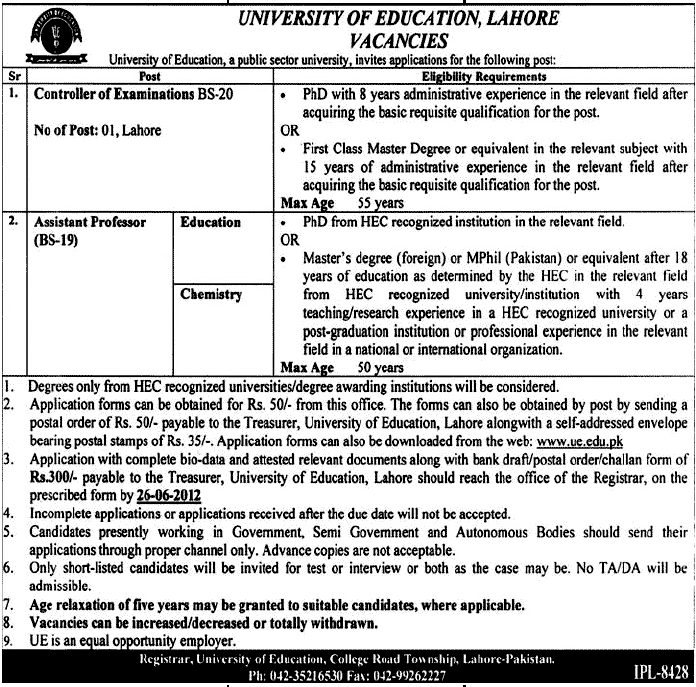 Teaching and Non-Teaching Faculty Required at University of Education (Govt. Job)