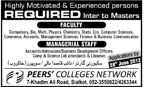 Teaching Faculty and Management Staff Required by PEERS' Colleges Network
