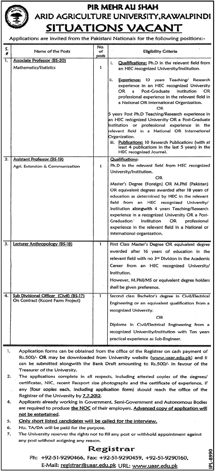 PMAS-UAAR (Pir Mehr Ali Shah Arid Agricultural University) Requires Teaching Staff and Sub Divisional Office Civil (Govt. job)