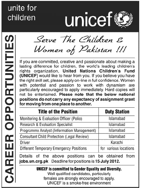 UNICEF Requires Management and Support Staff for its Project