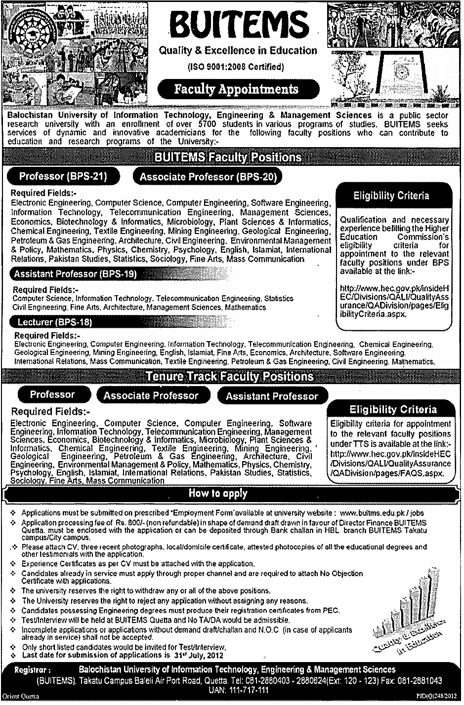 BUITEMS Balochistan University of Information Technology, Engineering & Management Sciences Requires Teaching Faculty (Govt. job)