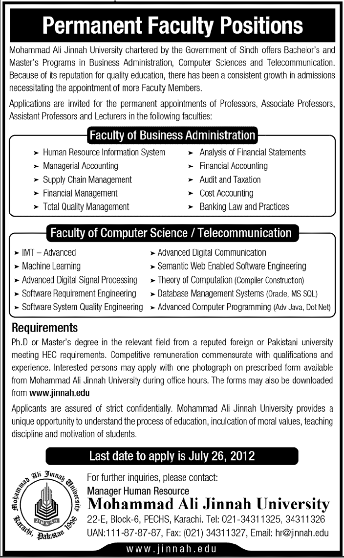 Mohammad Ali Jinnah University Requires Permanent Teaching Faculty