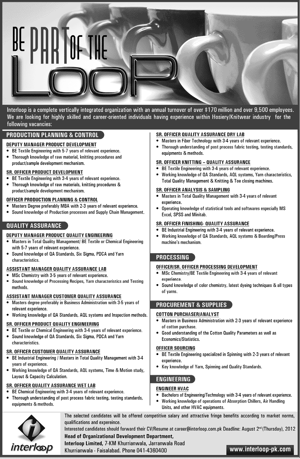 Interloop Organization Requires QA Management and Engineering Staff (Textile Sector Job)