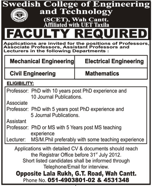 Swedish College of Engineering and Technology Requires Teaching Faculty