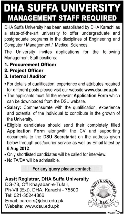 DHA Suffa University Requires Management Staff
