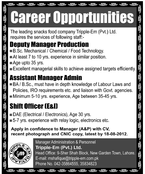 A Leading Food Company Requires Management Staff and Shift Officer (E&I)