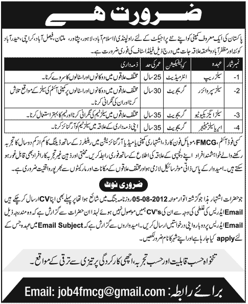 Sales Staff Required for FMCG Company