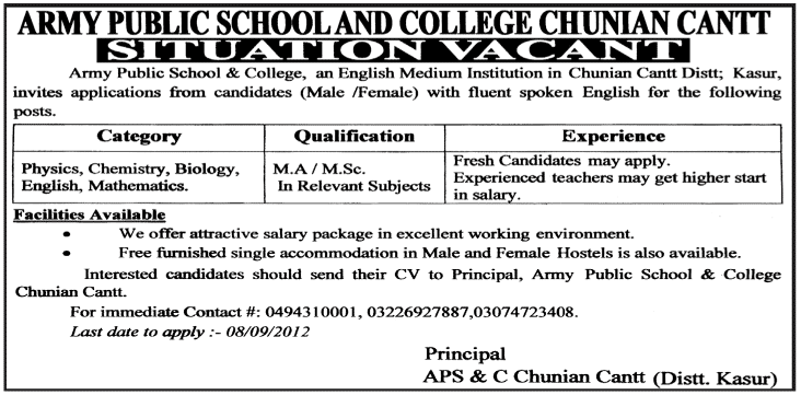 Army Public School & College Requires Teaching Staff