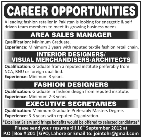 A Fashion Retailer Requires Sales Manager and Designers