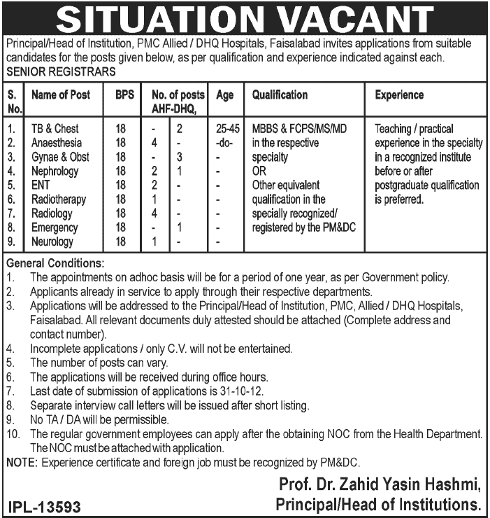 PMC Allied / DHQ Hospitals, Faisalabad Medical Registrar Jobs (Government Jobs)