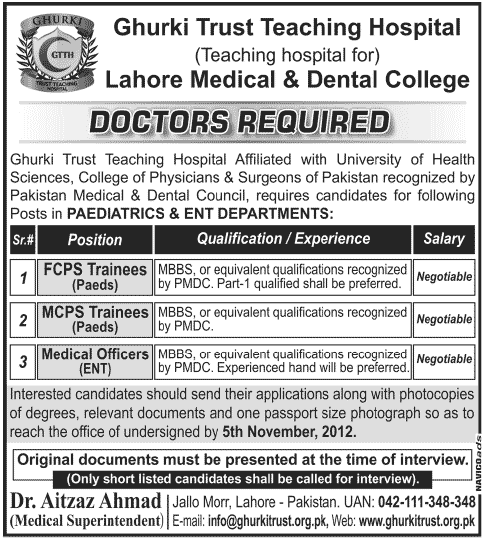 Doctors Required in Ghurki Trust Teaching Hospital