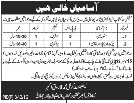 Jobs in Station Workshop EME Peshawar Cantt