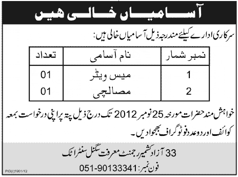 Mess Waiter & Masalchi - Government Jobs