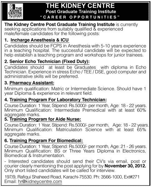 The Kidney Center Post Graduate Training Institute Medical Jobs