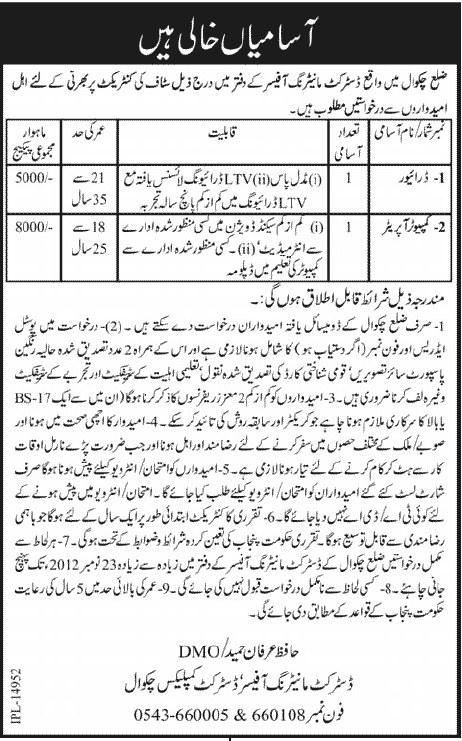 Office of District Monitoring Officer Chakwal Jobs