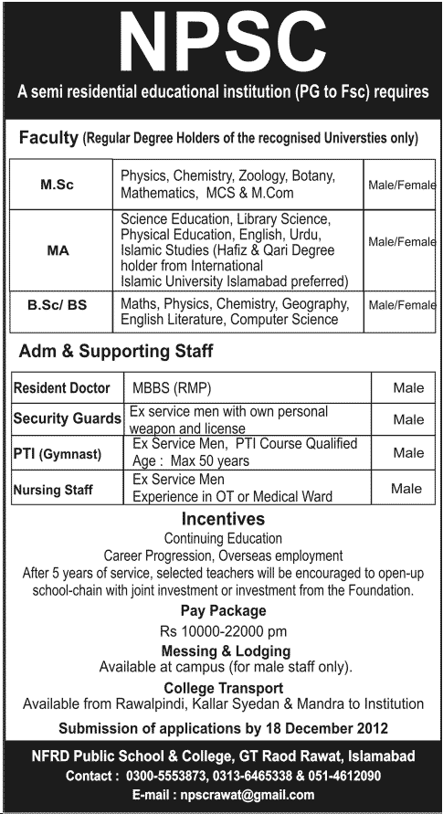 NFRD Public School & College (NPSC) Jobs 2012 for Teachers & Admin/Support Staff