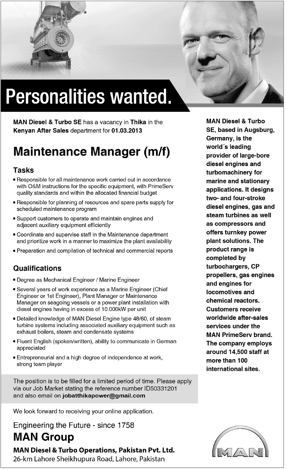 Maintenance Manager in MAN Group at Thika, Kenya