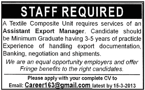 Assistant Export Manager Job at a Textile Composite Unit