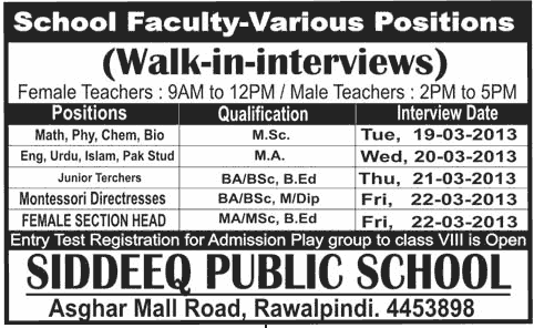 Siddeeq Public School Jobs for Faculty March 2013