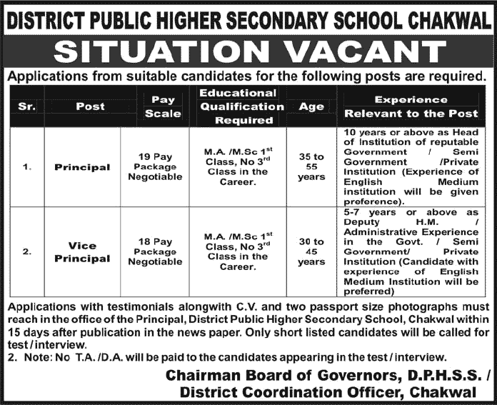 District Public Higher Secondary School Chakwal Jobs 2013 July for Principal & Vice Principal