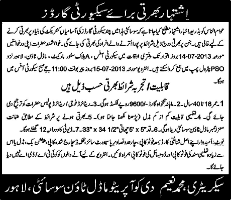 Model Town Cooperative Society Lahore Jobs 2013 July for Security Guards
