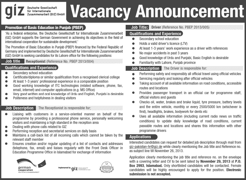 GIZ Pakistan Jobs November 2013 for Receptionist & Driver for PBEP Project