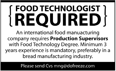 Food Technologist Jobs in UAE Dubai 2013 November Latest Production Supervisor at Dofreeze