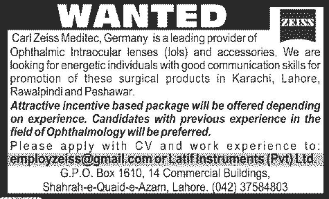 Carl Zeiss Meditec - Latif Instruments (Pvt.) Ltd Jobs 2013 November for Marketing / Promotion Staff