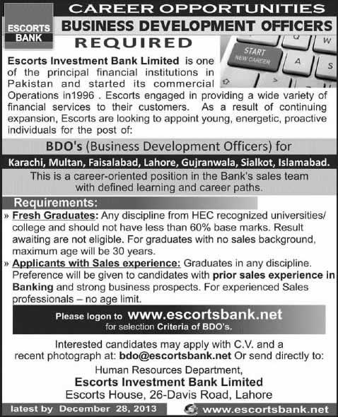 Escorts Investment Bank Limited Jobs 2013 December for Business Development Officers