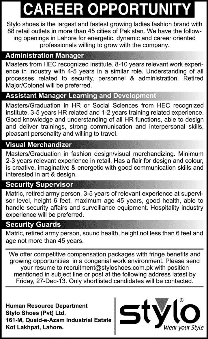Stylo Shoes Lahore Jobs 2013 December Learning & Development / Admin Manager, Merchandiser, Security Supervisor / Guards