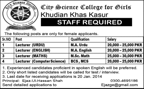 Female Lecturer Jobs in Kasur 2014 at City Science College for Girls Khudian Khas Kasur