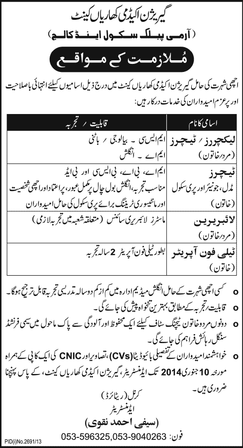 Garrison Academy Kharian Cantt Jobs 2014 for Lecturers, Teachers, Librarian & Telephone Operator